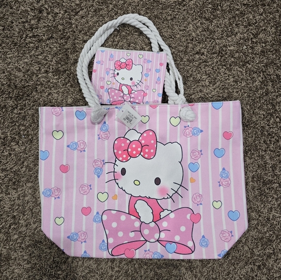 New Hello Kitty Zip Tote Bag with Coin Pouch and Rope Handles - Picture 1 of 3